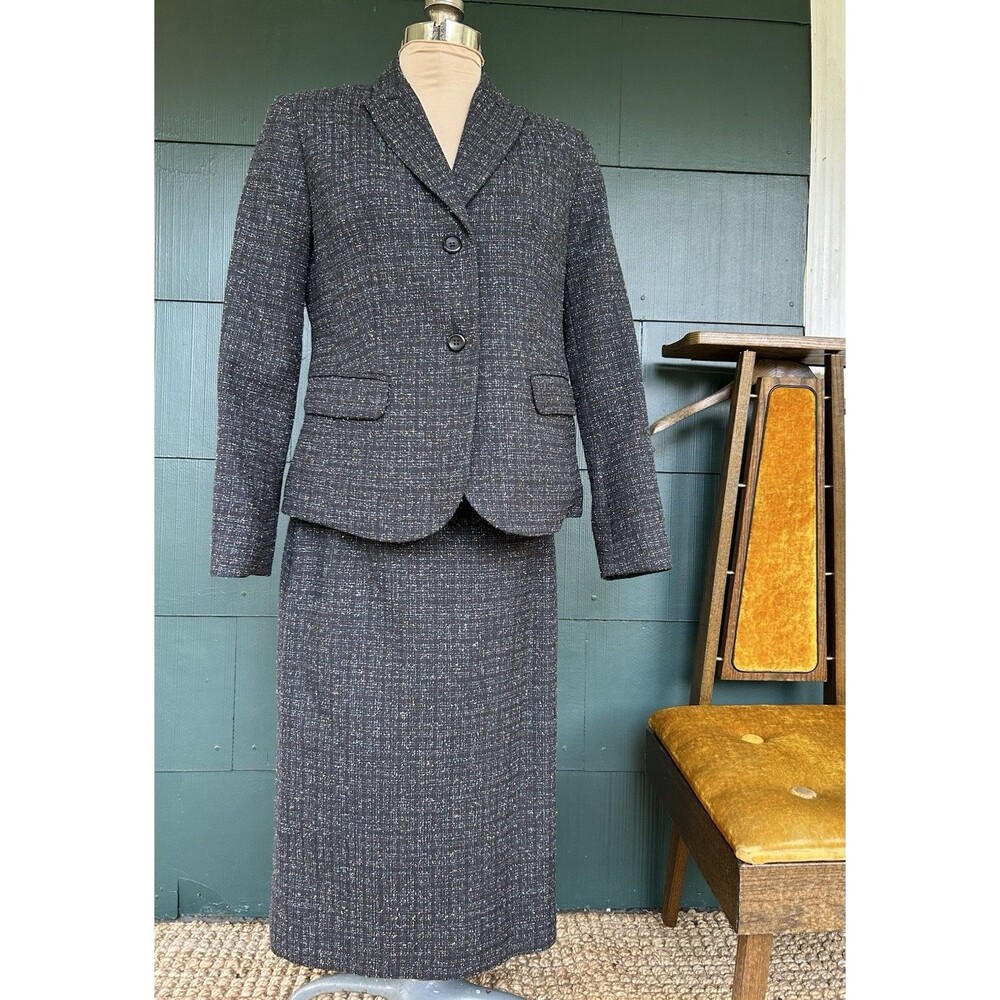 Vintage Pendleton Wool Silk Dark Grey Tweed Skirt Suit Size 8/10 Academia USA